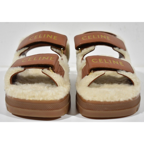 Celine Leo Scratch Sandal Shearling Fur Tan Leather Logo Strap Platform Flat 40 - Picture 6 of 12